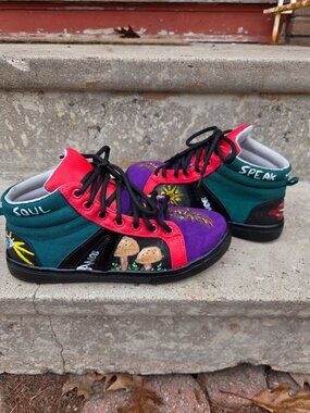 Bold Custom Upcycled Hand-Painted Shoes With Symbolic Boho Neon Art